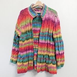 Handknit Gradient Rainbow Knit Open Chunky Cardigan Sweater
